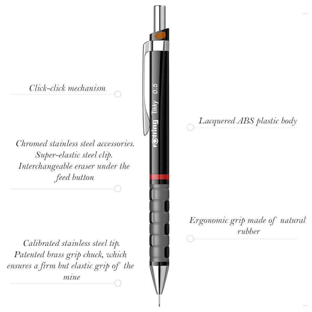 Rotring Tikky 0.5mm Mechanical Pencil in Black Barrel featuring product details on a white background
