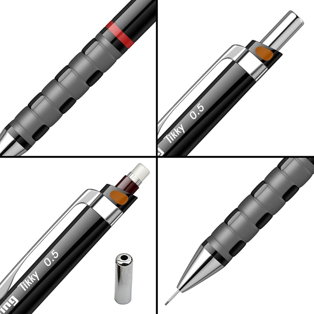 Rotring Tikky 0.5mm Mechanical Pencil in Black Barrel shown from all angles