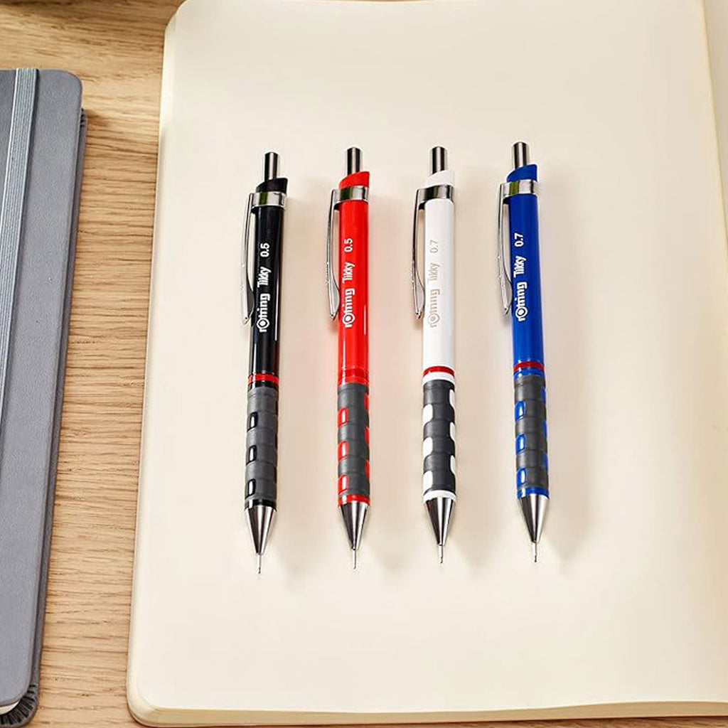 Rotring Tikky 0.5mm Mechanical Pencil in 4 colours on a white background