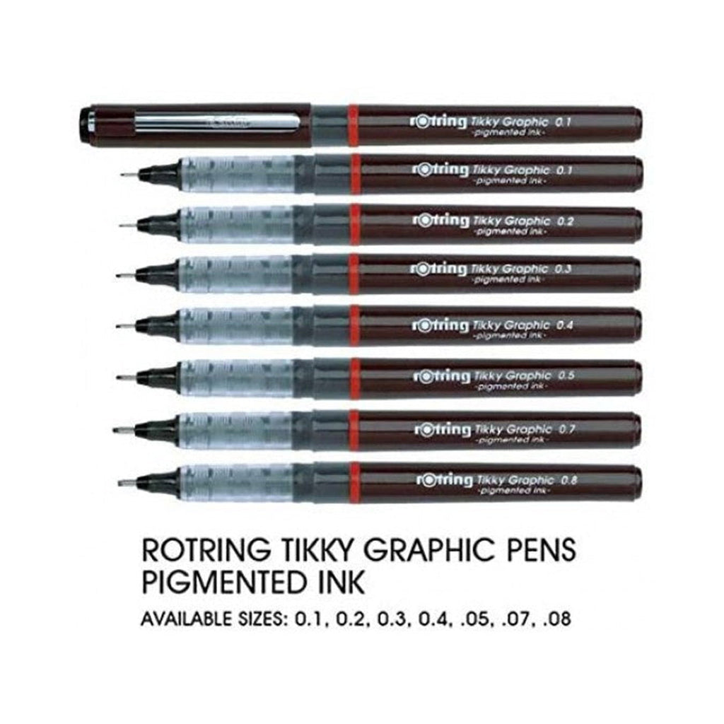 Set of Rotring Tikky Graphic pens with various tip sizes on a white background