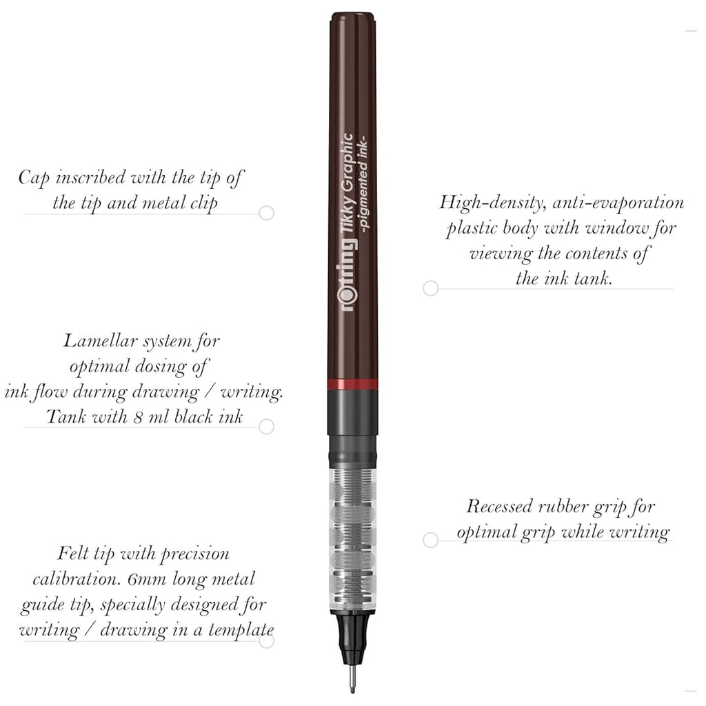 Rotring Tikky Graphic Fineliner Black – 0.2mm with featured details on a white background