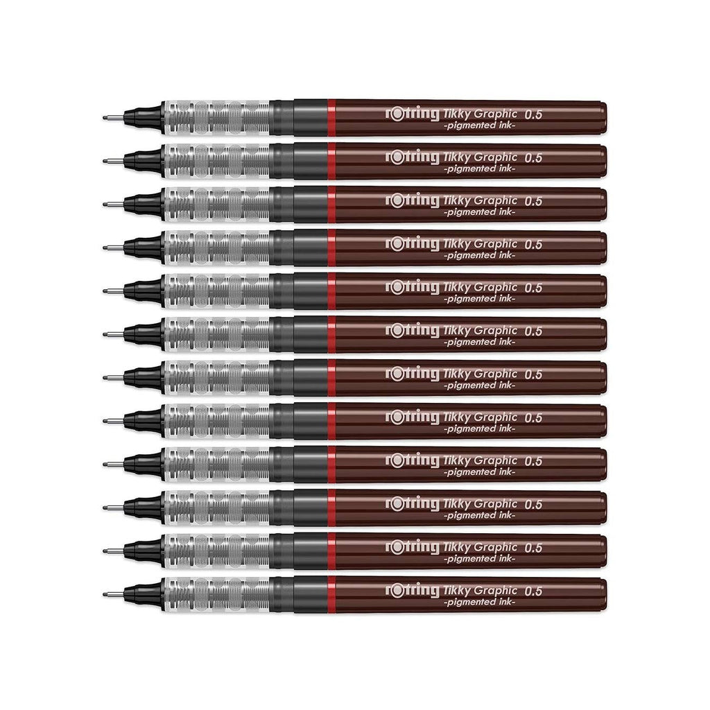 Rotring Tikky Graphic Fineliner 0.5mm Black Pack of 12 on a white background