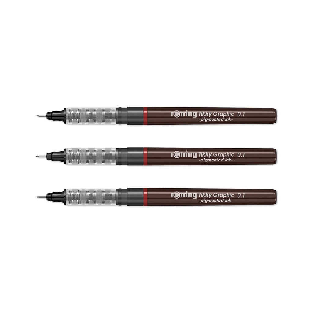 Three Rotring Tikky Graphic 0.1 fineliners on a white background