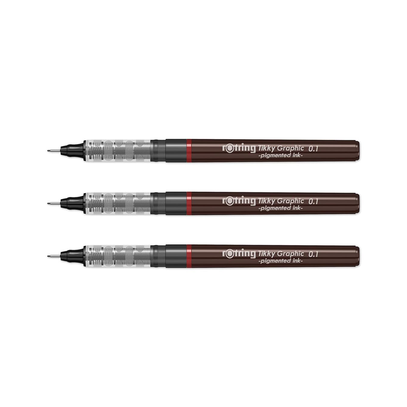 Three Rotring Tikky Graphic 0.1 fineliners on a white background