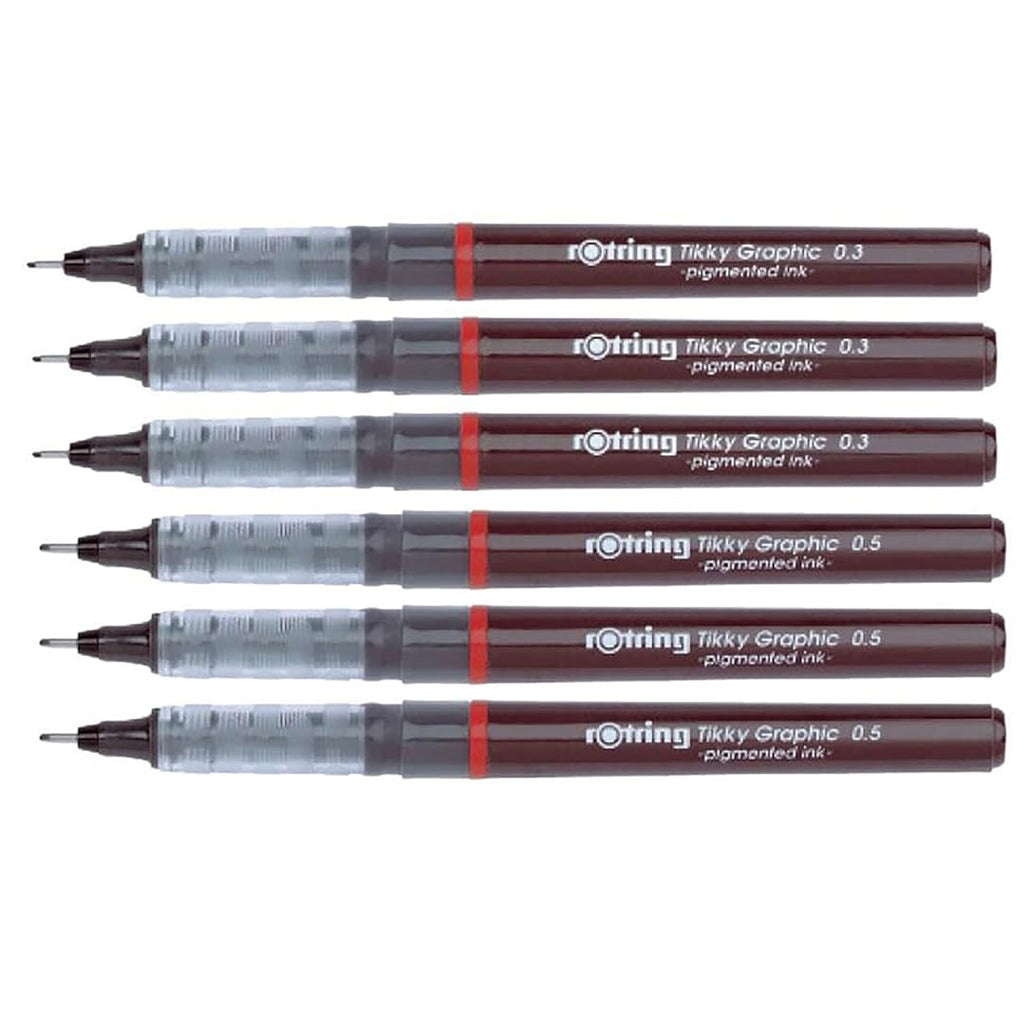 Rotring Tikky Graphic Fineliner Black – 0.3mm & 0.5mm (6 Pen Set) on a white background