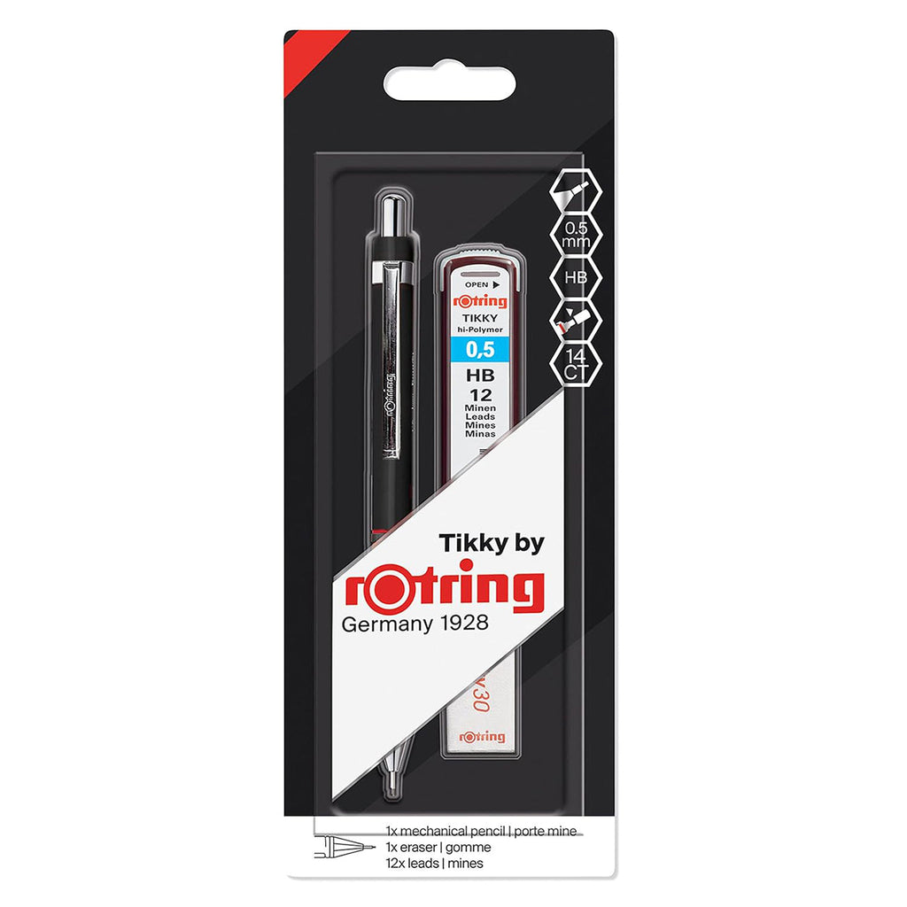 Rotring Tikky mechanical pencil set packaging with pen and lead pack on a white background