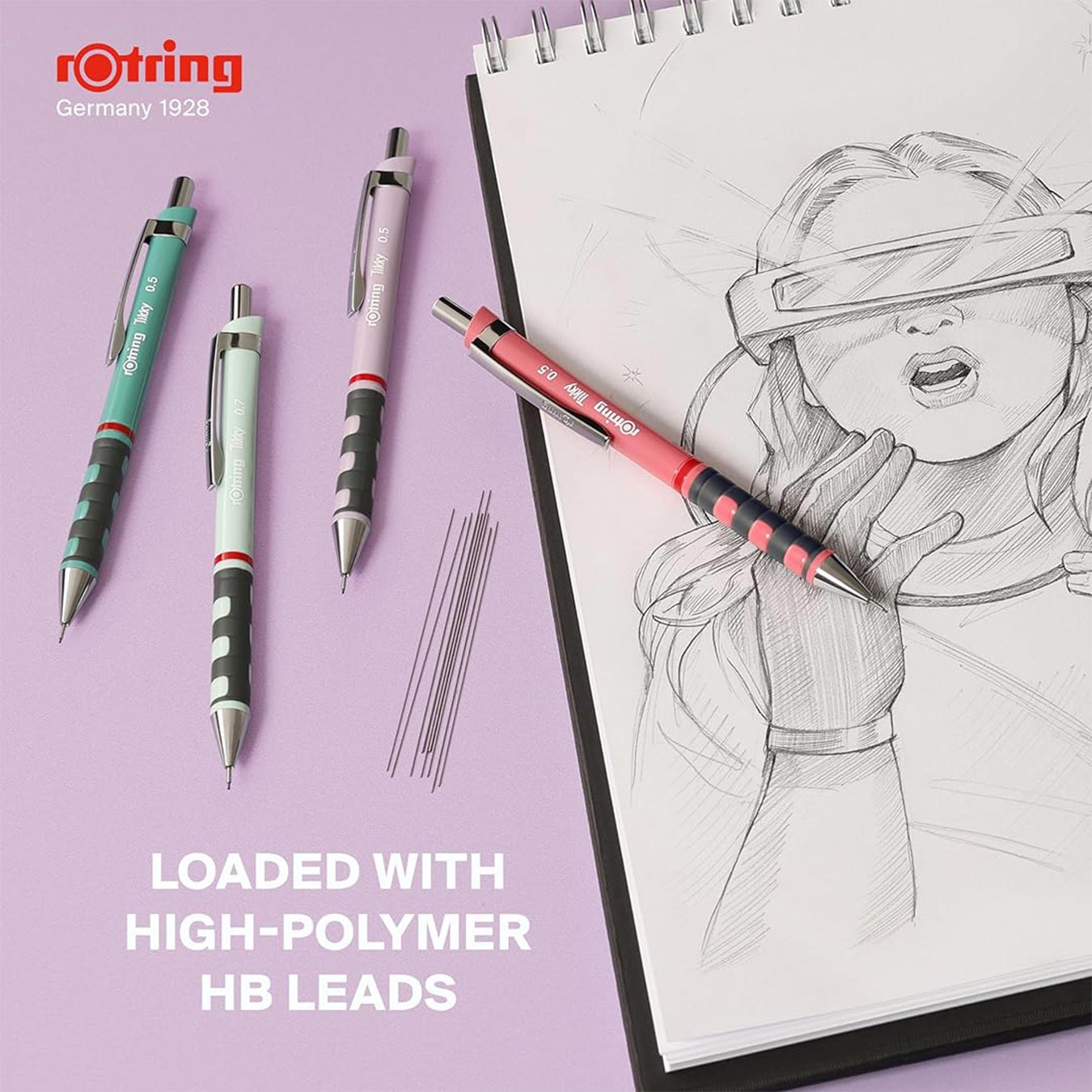 4 Rotring Tikky 0.5mm Mechanical Pencil in different colours on a purple background with a drawing of a person wearing goggles.