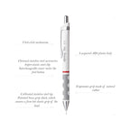 Rotring Tikky 0.5mm Mechanical Pencil in White Barrel with features listed on a white background