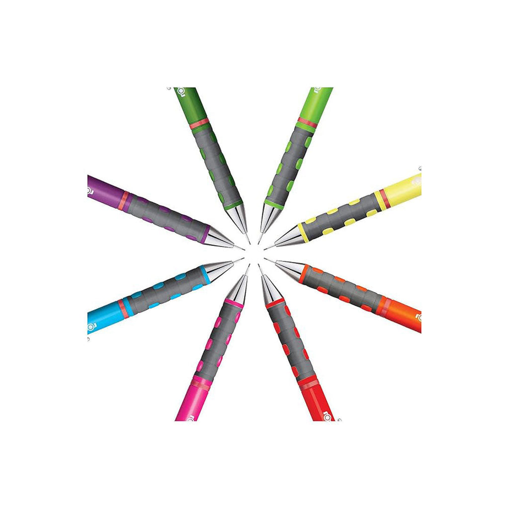 A collection of Rotring Tikky 0.7mm Mechanical Pencil in Neon Green with a triangular ergonomic grip in various colors, including neon green, red, blue, and black.