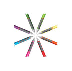 A collection of rotring tikky mechanical pencils with a triangular ergonomic grip in various colors arranged in a star pattern with the sharpened ends facing the center.