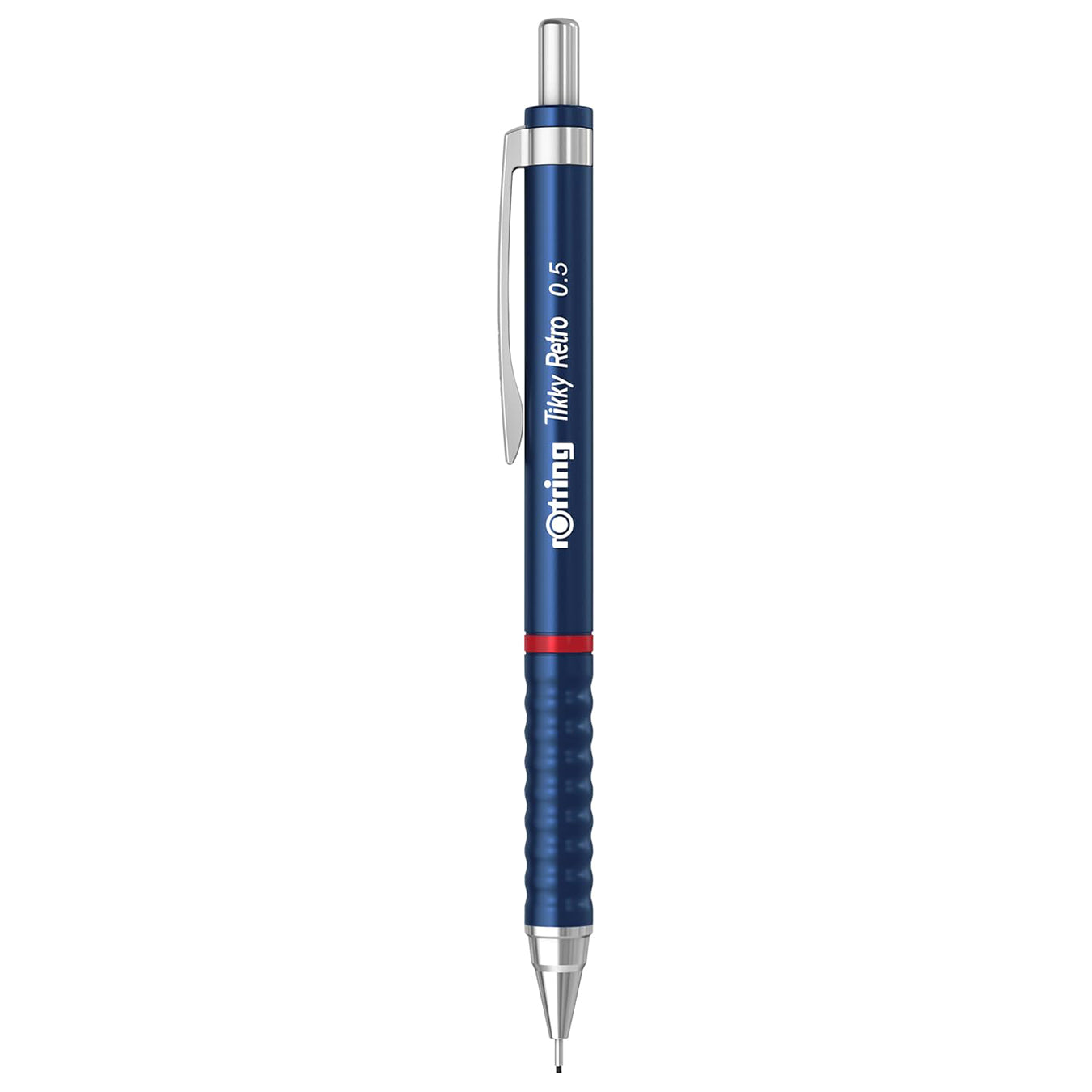 Rotring Tikky Retro 0.5mm blue Mechanical Pencil  with silver accents on a white background