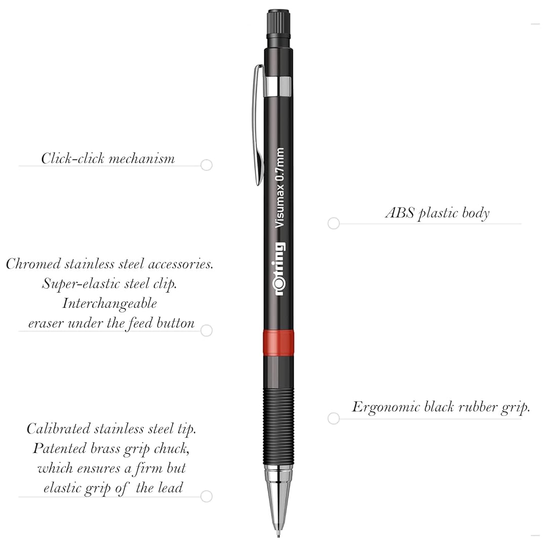 Rotring Visumax 0.7mm Mechanical Pencil in Black featuring product details on a white background