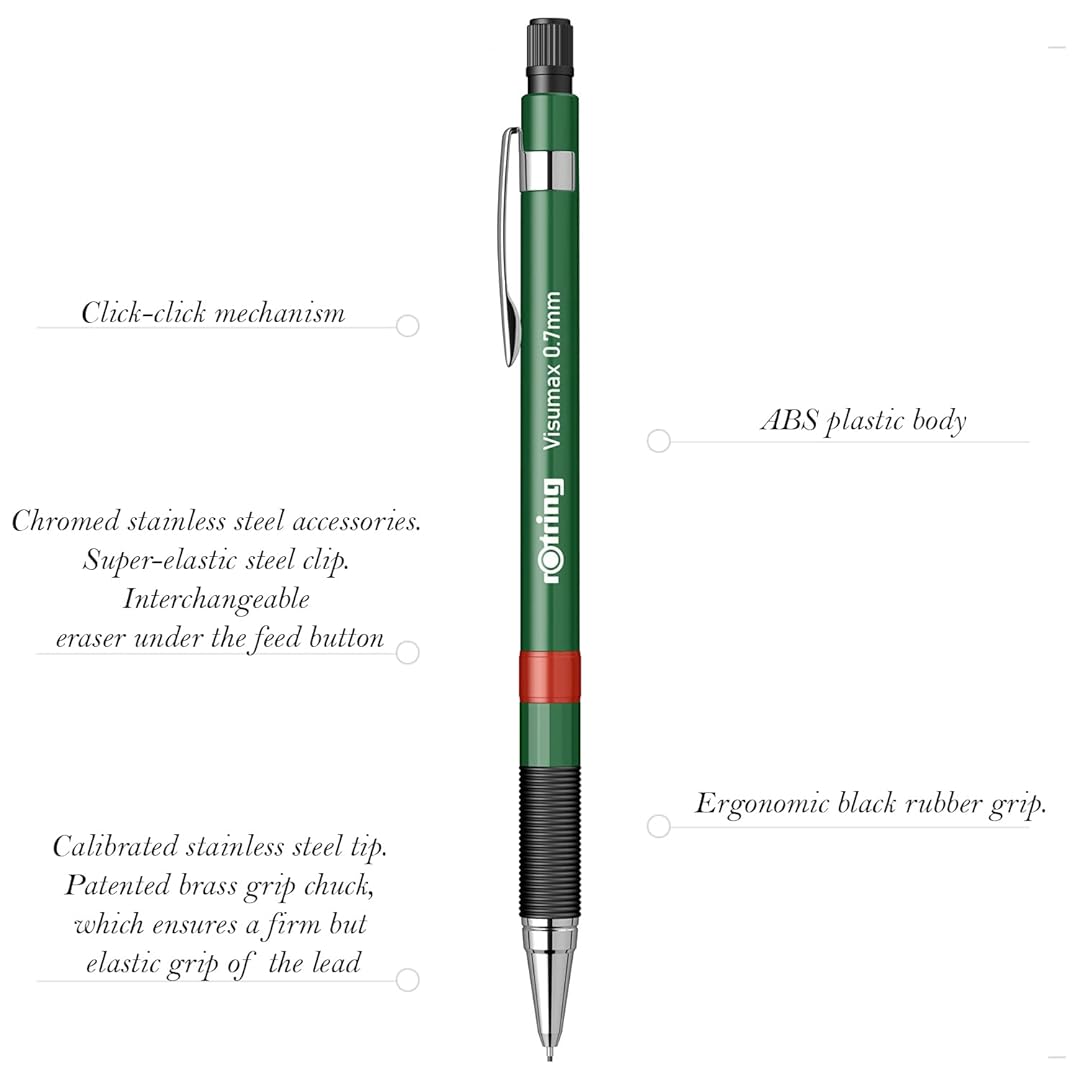 Rotring Visumax 0.7mm Mechanical Pencil in Dark Green with featured product details on a white background