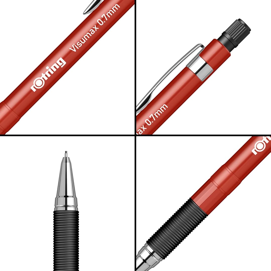 Rotring Visumax 0.7mm Red Mechanical Pencil shown from all side of angles 