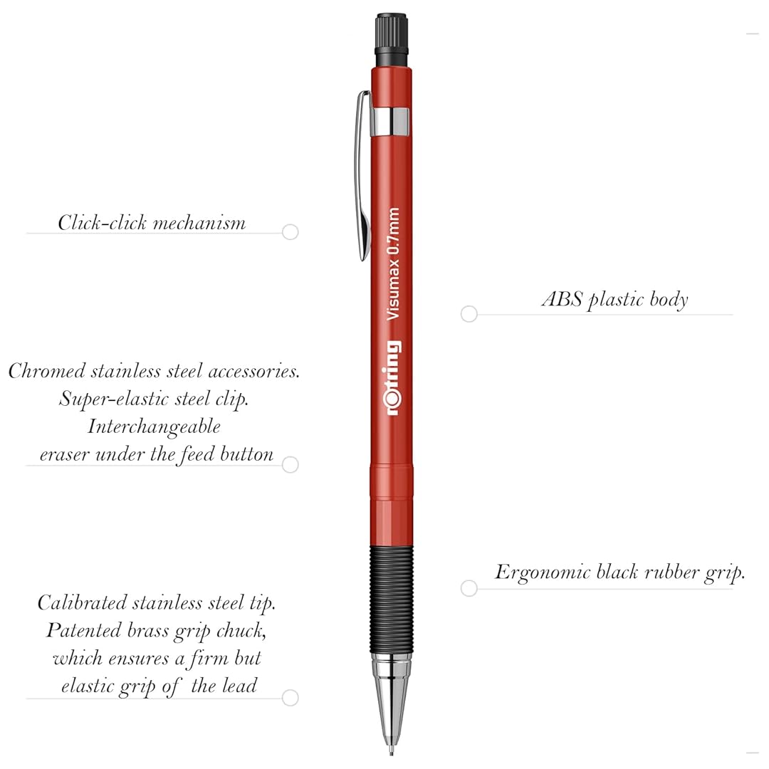 Rotring Visumax 0.7mm Mechanical Pencil in Red featuring product details on a white background