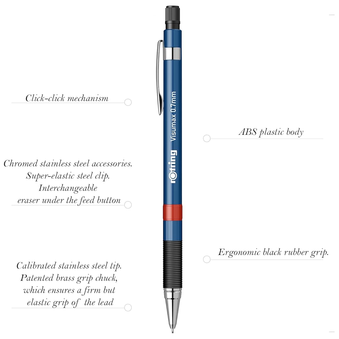 Rotring Visumax 0.7mm Mechanical Pencil in Dark Blue with featured product details on a white background