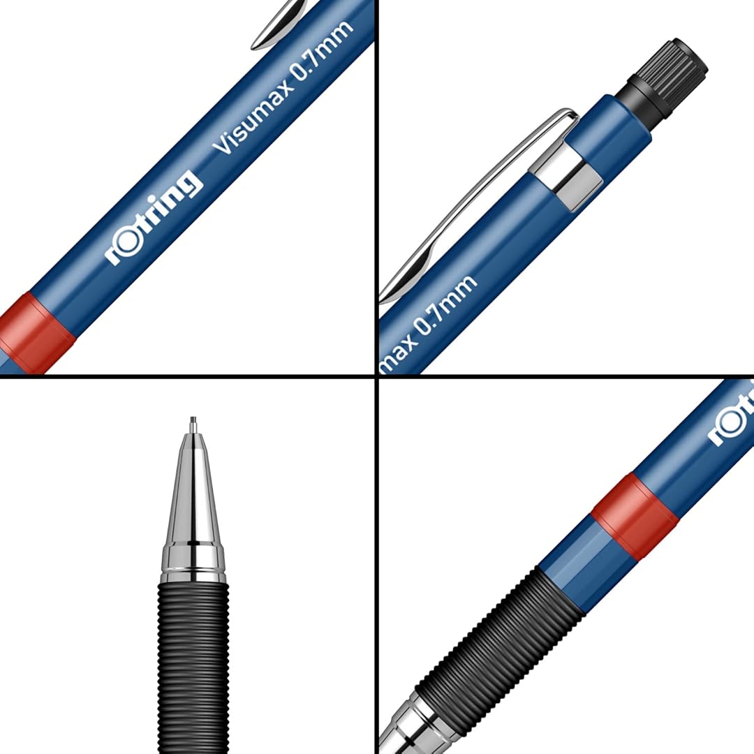 Rotring Visumax 0.7mm Mechanical Pencil in Dark Blue from all angles on a white background