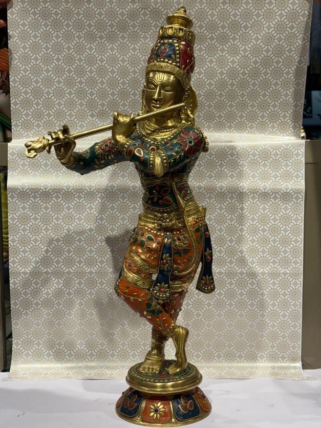 Royal Brass Lord Krishna Idol – Divine Flute Melody & Elegance - Satyam Collection