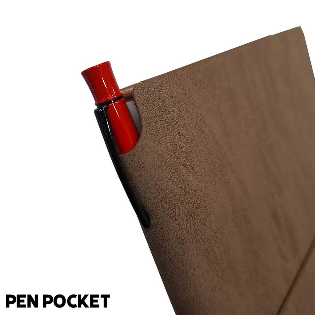 Scrikss A5 Premium Ruled Notebook - Mink Faux Leather Cover with a red pen in a pocket