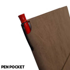 Scrikss A5 Premium Ruled Notebook - Mink Faux Leather Cover with a red pen in a pocket