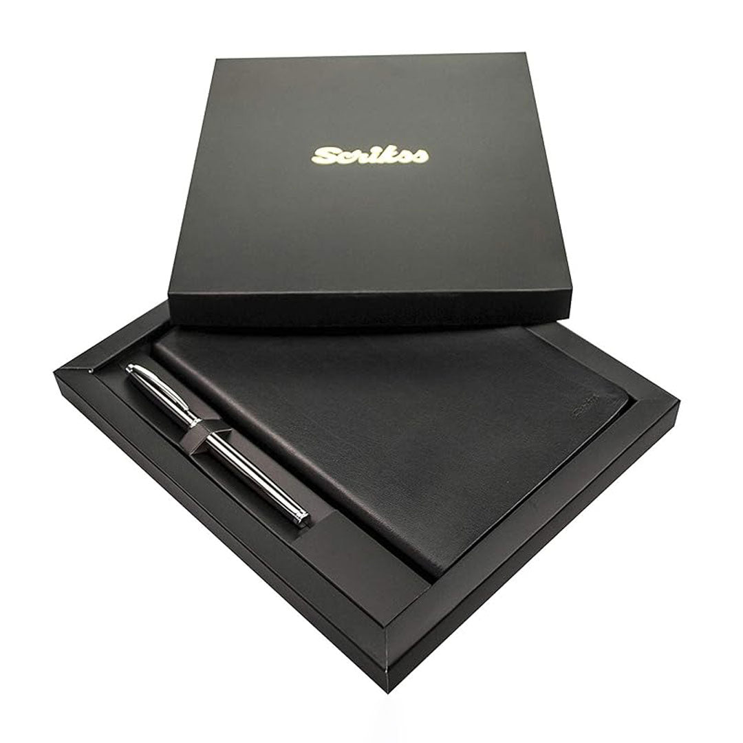 Scrikss A5 Sundance Premium Notebook & 800 Rollerball Pen Gift Set – Black on the white background