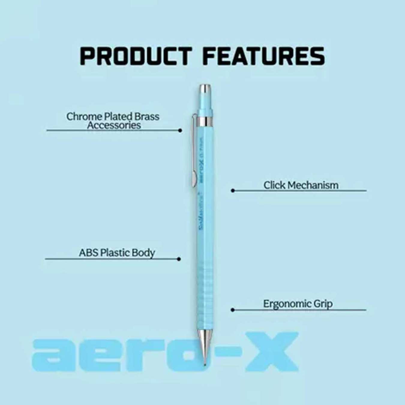 Scrikss Aero-X 0.7mm Light Blue Mechanical Pencil with labeled features on a light blue background, featuring the brand 'Scrikss aero-X'.