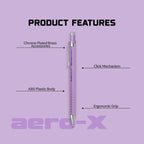 Scrikss Aero-X 0.7mm Purple Mechanical Pencil with labeled features on a purple background, featuring the brand 'Scrikss aero-X'.