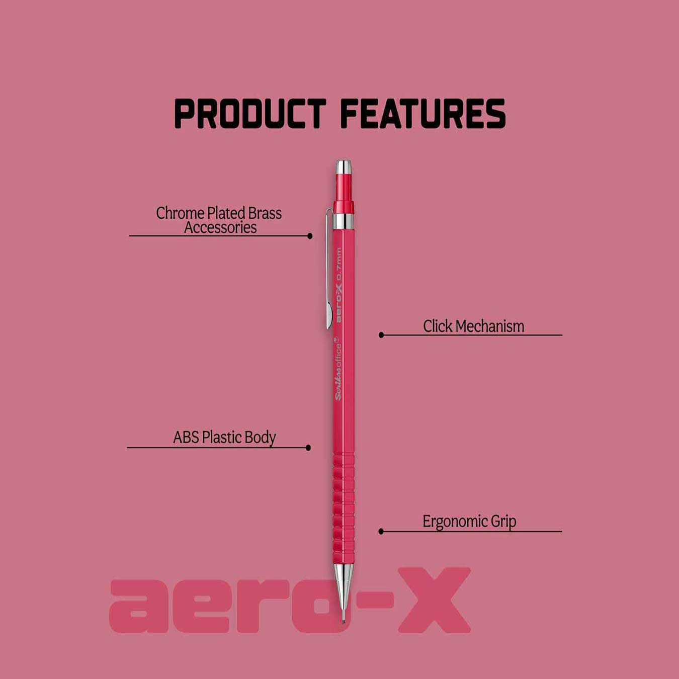 Scrikss Aero-X 0.7mm Mechanical Pencil in Red with labeled features on a pink background, featuring the brand 'aero-X'.