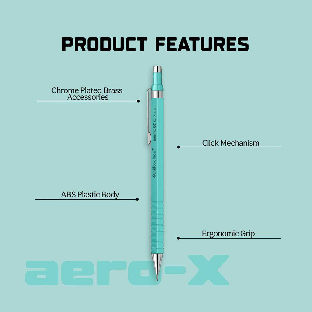 Scrikss Aero-X 0.7mm Turquoise Mechanical Pencil with labeled features on a light blue background, featuring the brand 'aero-X'.