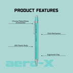 Scrikss Aero-X 0.7mm Turquoise Mechanical Pencil with labeled features on a light blue background, featuring the brand 'aero-X'.