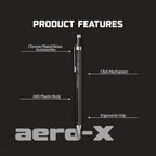 Scrikss Aero-X 0.7mm Mechanical Pencil in Black with labeled features on a black background, featuring the brand 'Scrikss aero-X'.