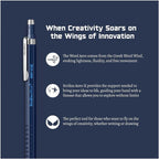 Scrikks Aero-X pen on a dark blue background with product features and branding.