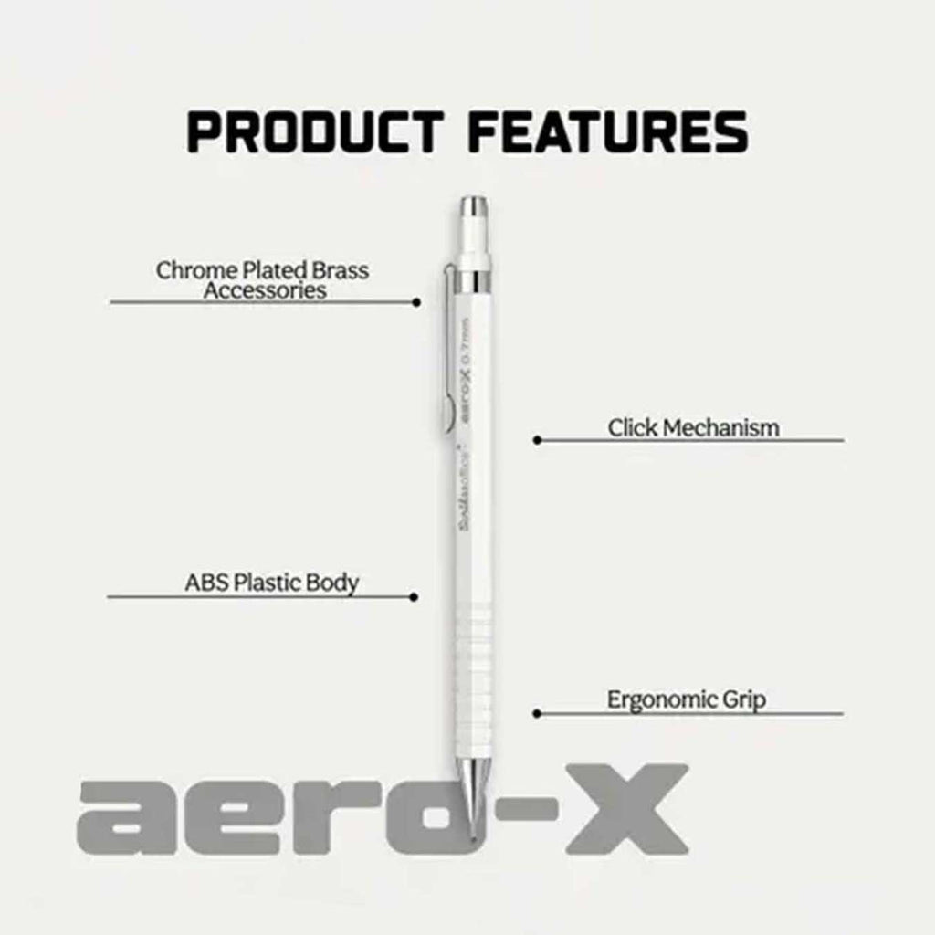 Mechanical pencil with labeled features on a white background, including 'Chrome Plated Brass Accessories', 'Click Mechanism', 'ABS Plastic Body', and 'Ergonomic Grip'. Brand 'Scraero-X' is visible.