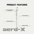 Mechanical pencil with labeled features on a white background, including 'Chrome Plated Brass Accessories', 'Click Mechanism', 'ABS Plastic Body', and 'Ergonomic Grip'. Brand 'Scraero-X' is visible.