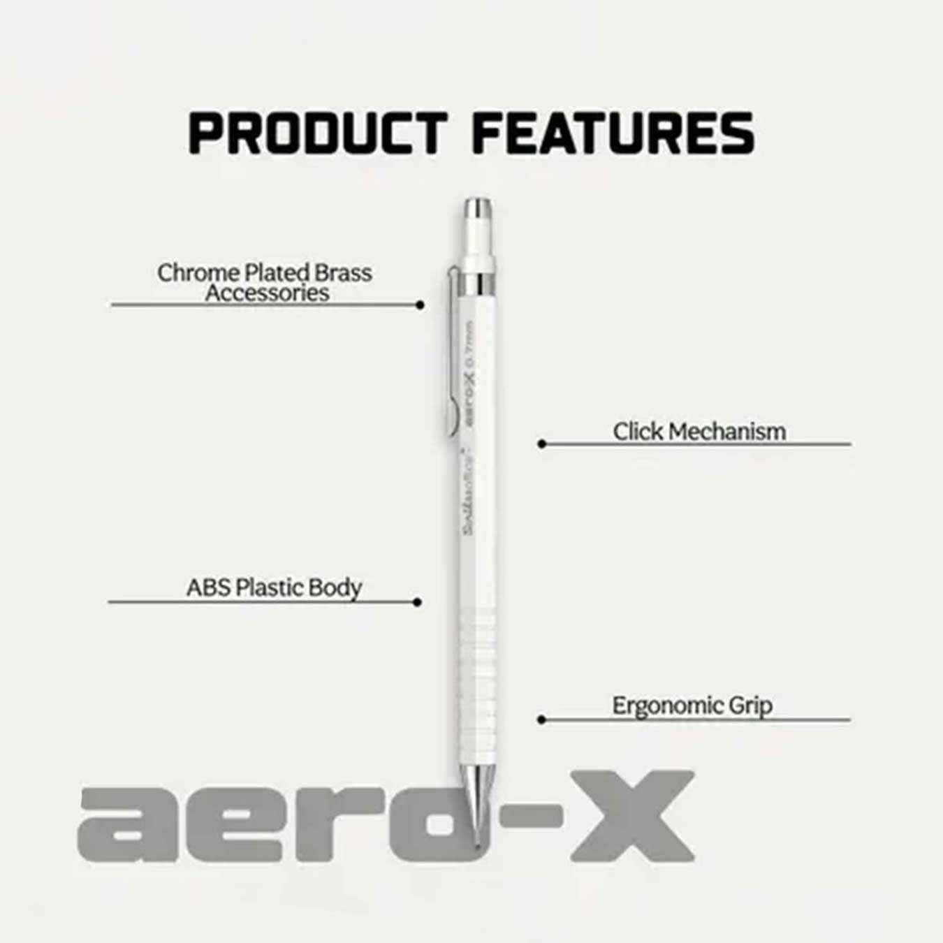 Mechanical pencil with labeled features on a white background, including 'Chrome Plated Brass Accessories', 'Click Mechanism', 'ABS Plastic Body', and 'Ergonomic Grip'. Brand 'Scraero-X' is visible.