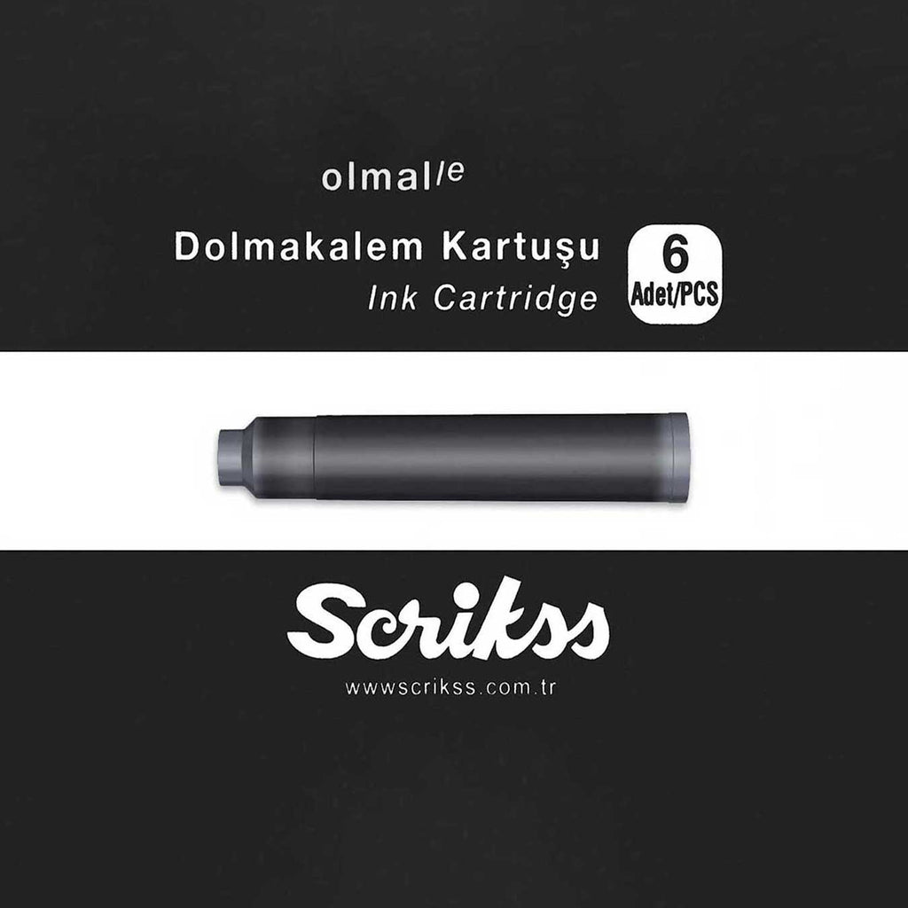 Ink cartridge with 'Scrikss' branding on a black and white background