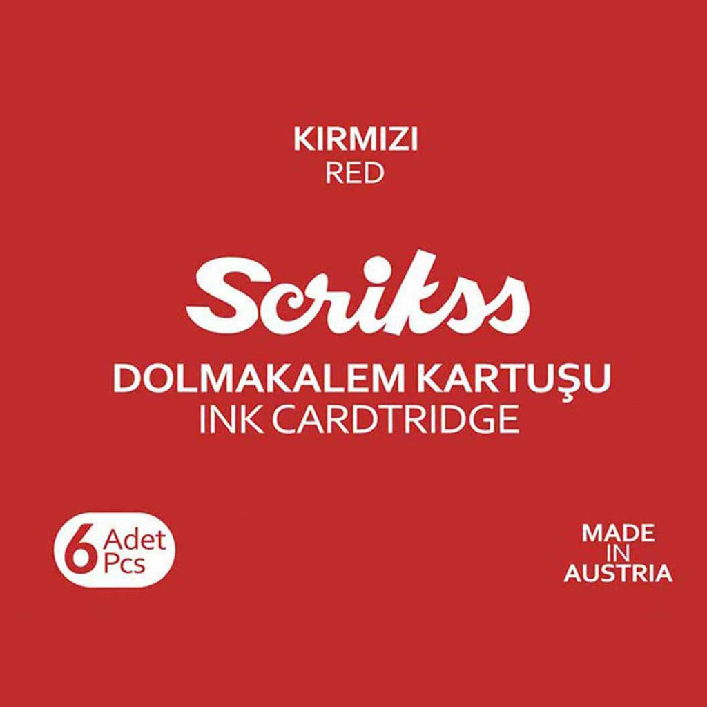 Red packaging of Scrikss red ink cartridge with text and branding.