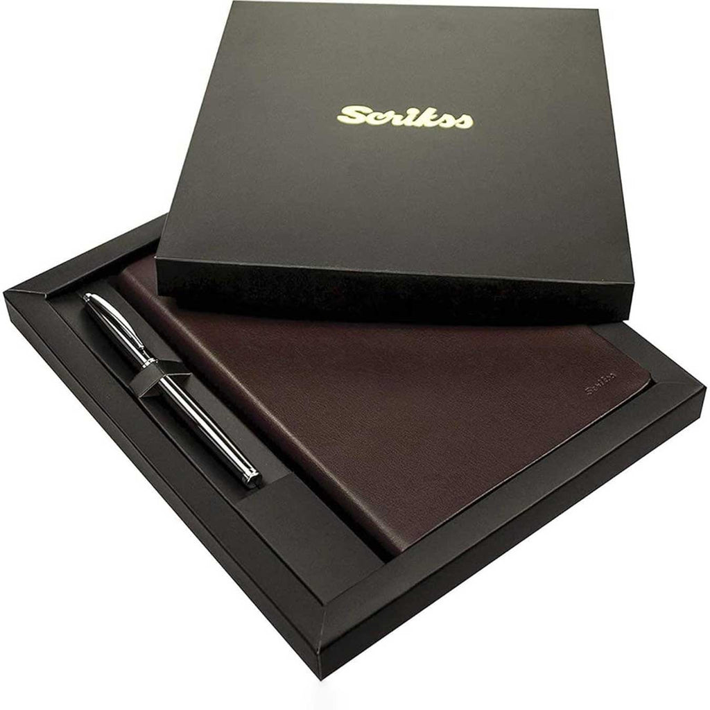 Scrikss Chester A5 Notebook and Rollerball Pen Set in Black on a white background