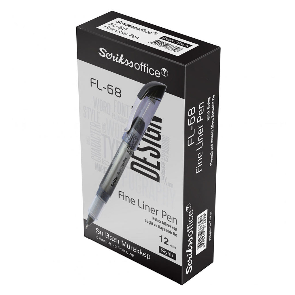 Scrikss FL-68 0.6mm Black Fineliner – Box of 12 on a white background
