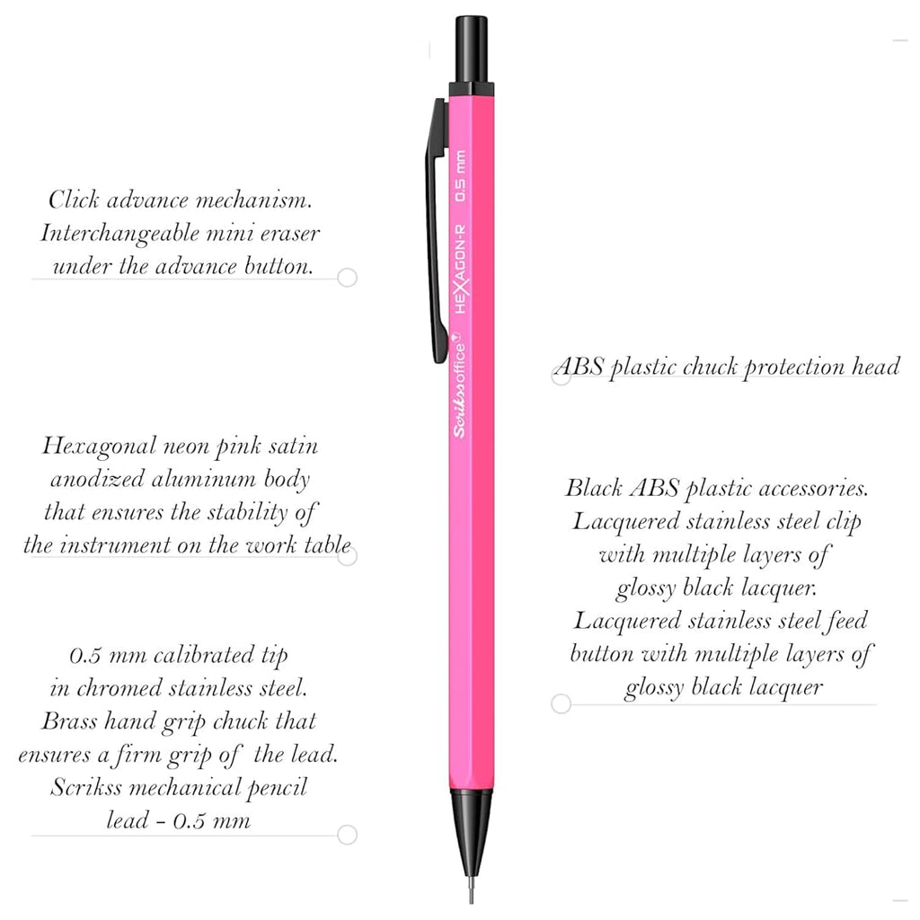 Scrikss Hexagon-R 0.5mm Mechanical Pencil in Neon Pink with pen details