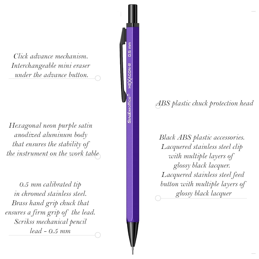 Scrikss Hexagon-R 0.5mm Mechanical Pencil in Purple with all pen details