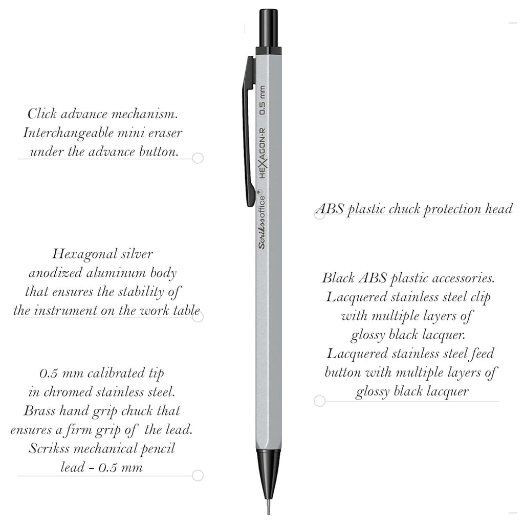 Scrikss Hexagon-R 0.5mm Mechanical Pencil in Silver with all details