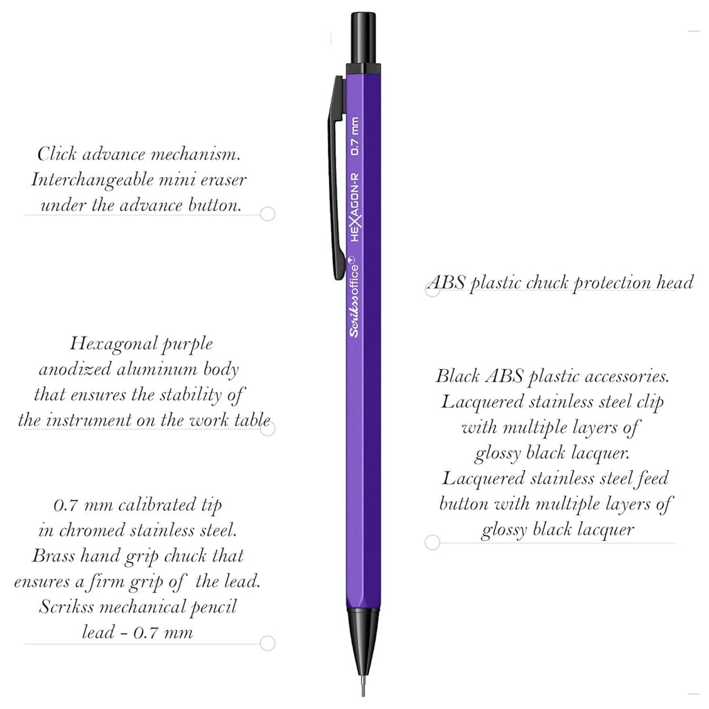 Scrikss Hexagon-R 0.7mm Mechanical Pencil in Purple with all details