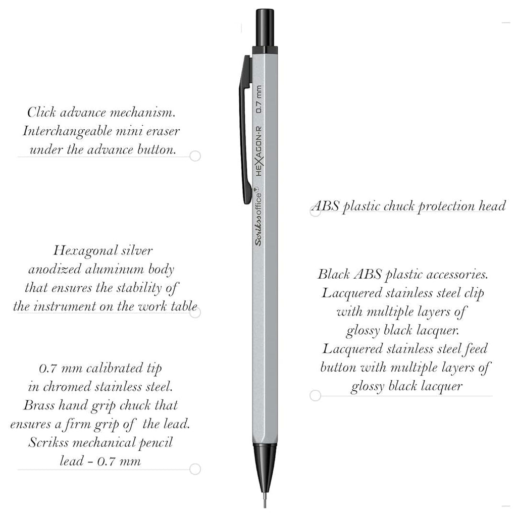 Scrikss Hexagon-R 0.7mm Mechanical Pencil in Silver with all pencil details