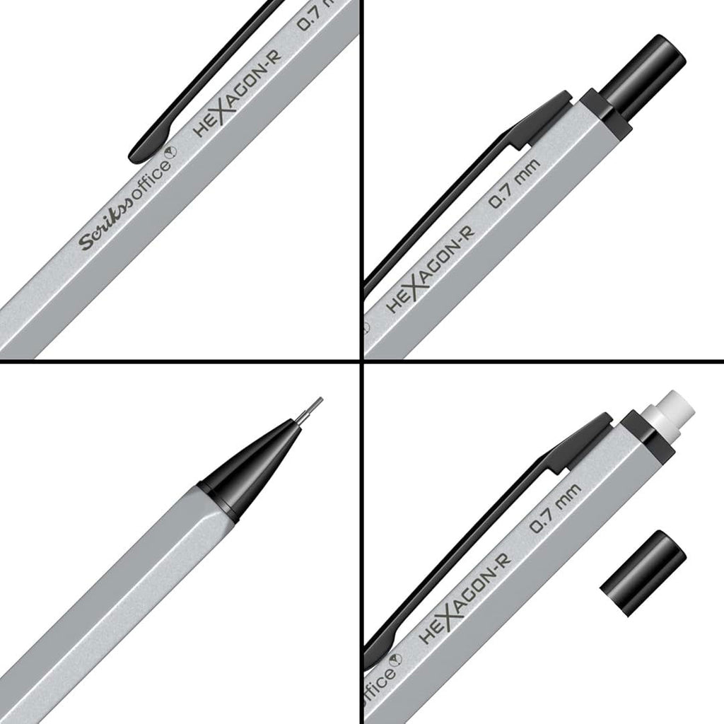 Scrikss Hexagon-R 0.7mm Mechanical Pencil in Silver from all angles