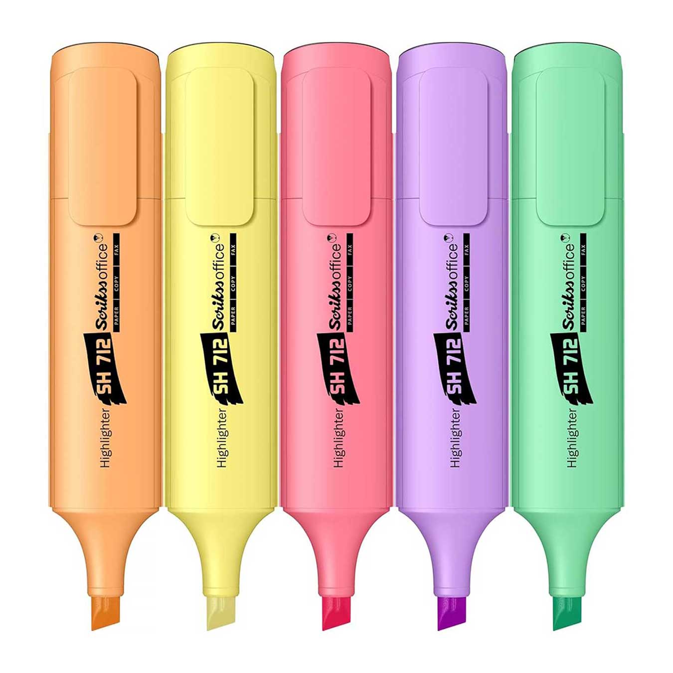 Scrikss Highlighter Pen Set – Chisel Tip, 5 Pastel Colors on a white background