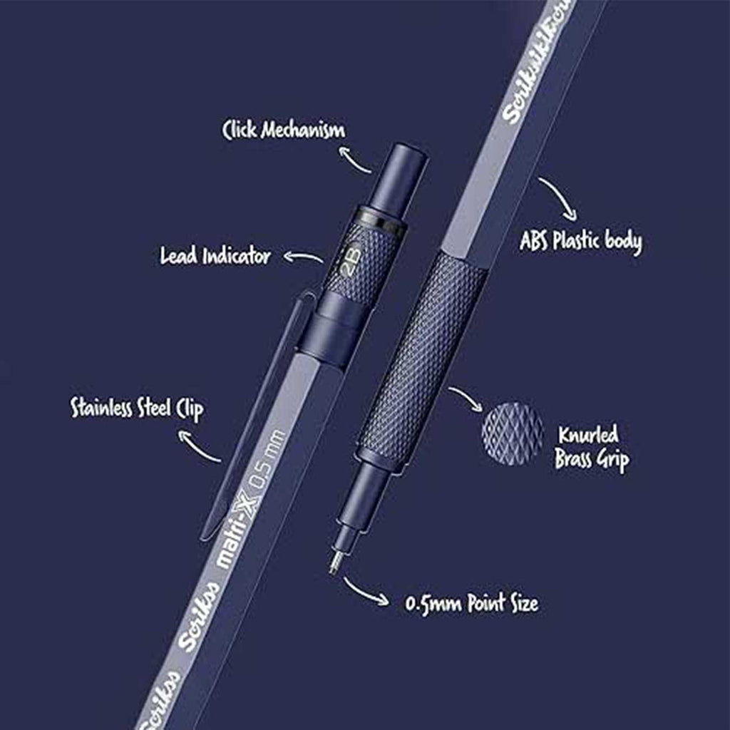 scrikss matri-x Mechanical pencil with labeled parts on a dark blue background