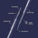 scrikss matri-x Mechanical pencil with labeled parts on a dark blue background