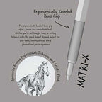 scrikss matri-x mechanical-pencil Pencil with ergonomic knurled brass grip on a gray background, featuring text about its design and uses.