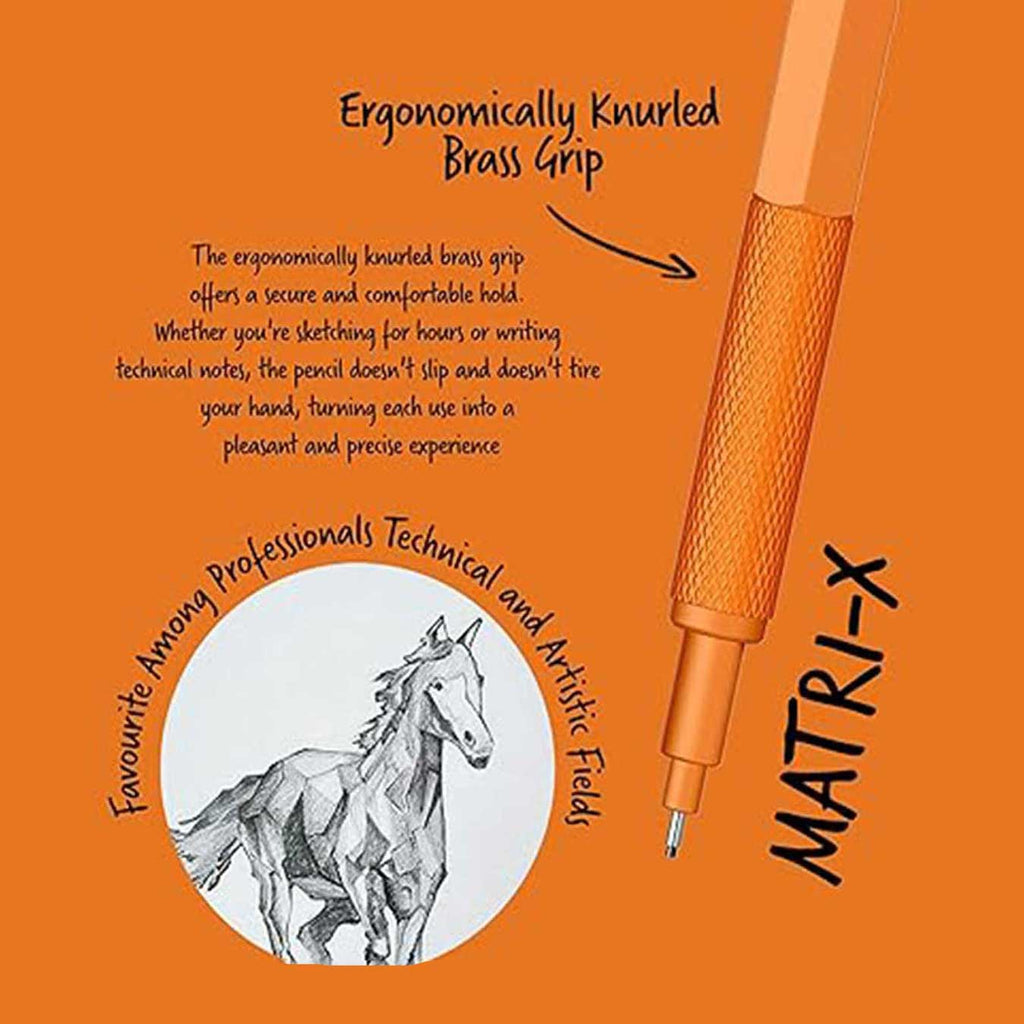 Scrikss Matri-X 0.5mm Orange Mechanical Pencil with ergonomic knurled brass grip on an orange background, featuring text about its design and uses.